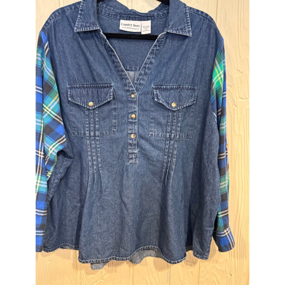 Women's Country Store Plus 2X Blue Denim Plaid Sleeve Button Down Shirt - Picture 3 of 11